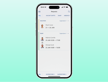 Employee app displaying requests and approvals for shifts and working hours with integrated time tracking